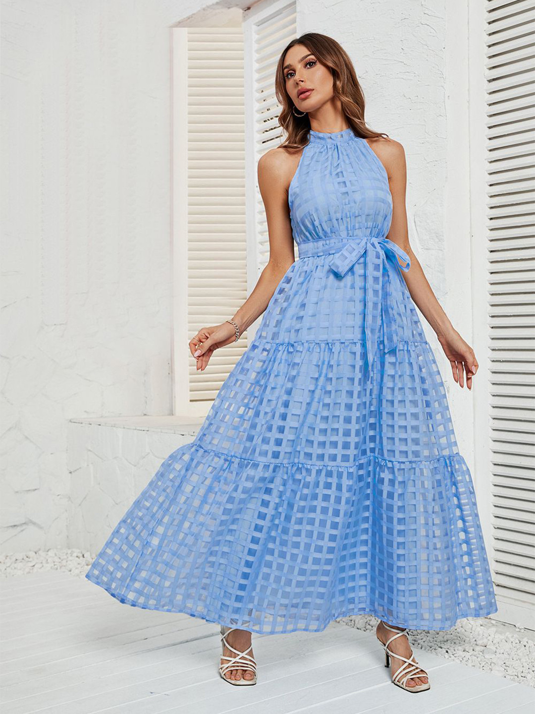 Mast & Harbour Women Checked Halter Neck Fit and Flare Maxi Dress
