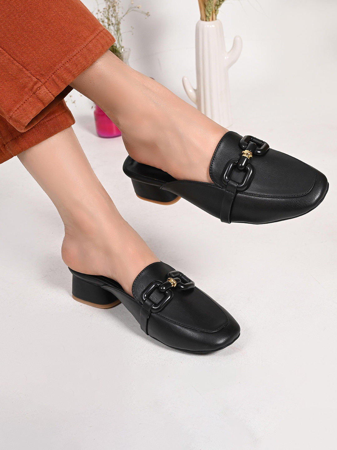 San Marino by Shoe Bank Women Textured Block Mules with Western - Embellished