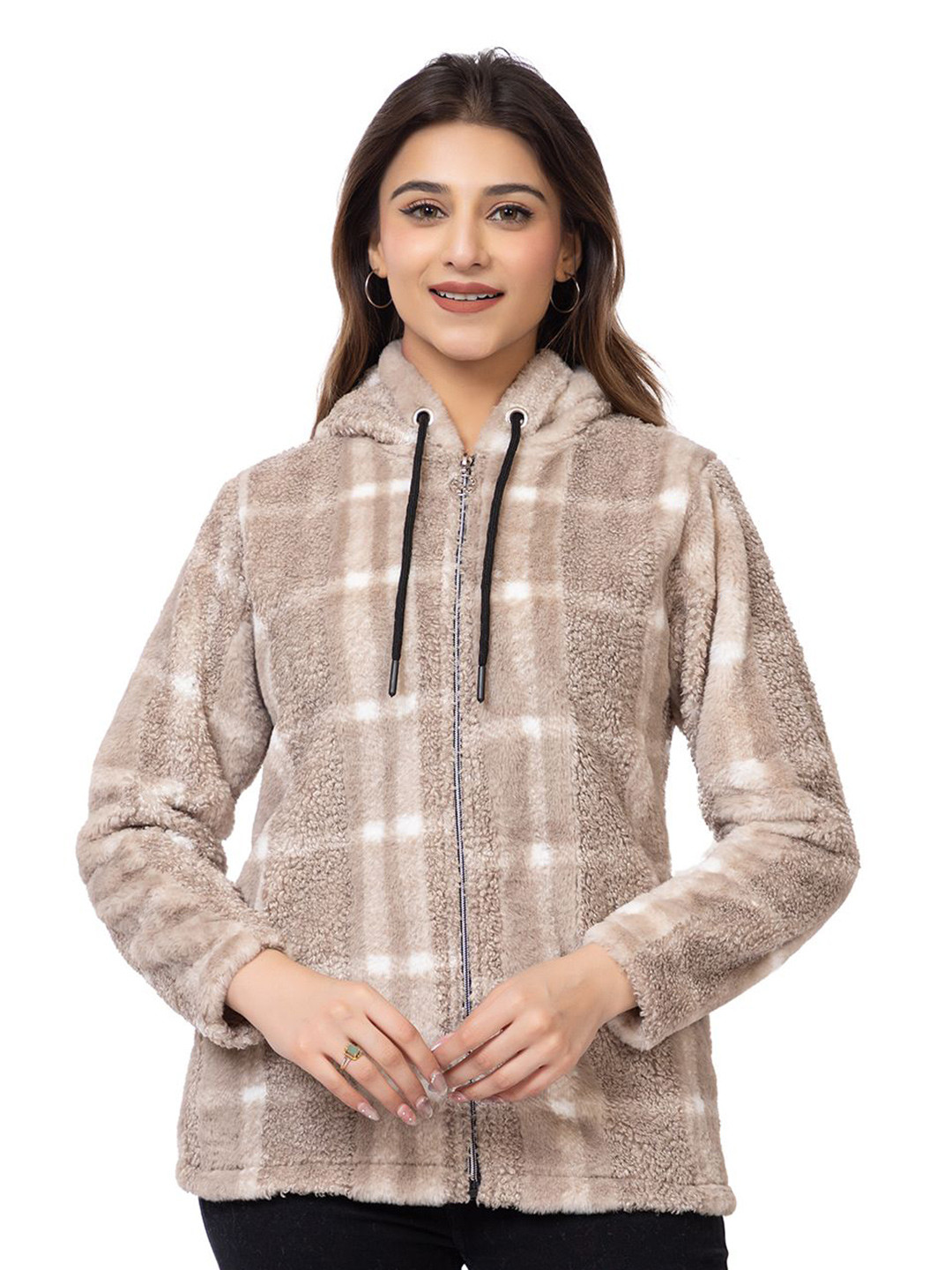 LO G LO Women Checked Hooded Sweatshirt