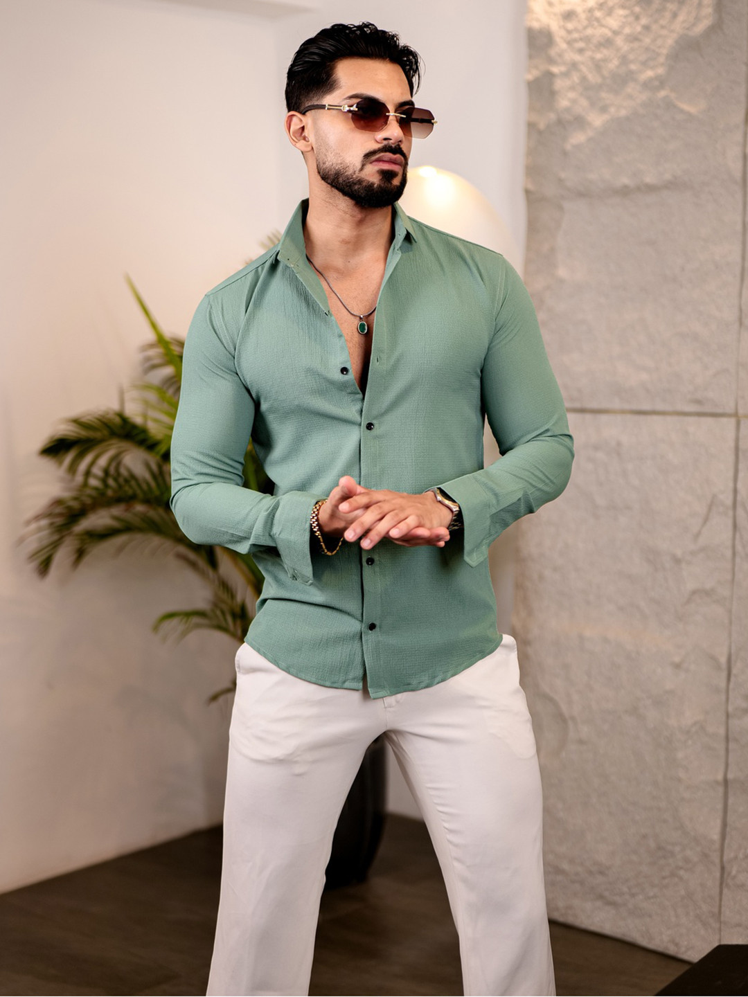 IKON FASHION Original Slim Fit Popcorn Texture Spread Collar Shirt