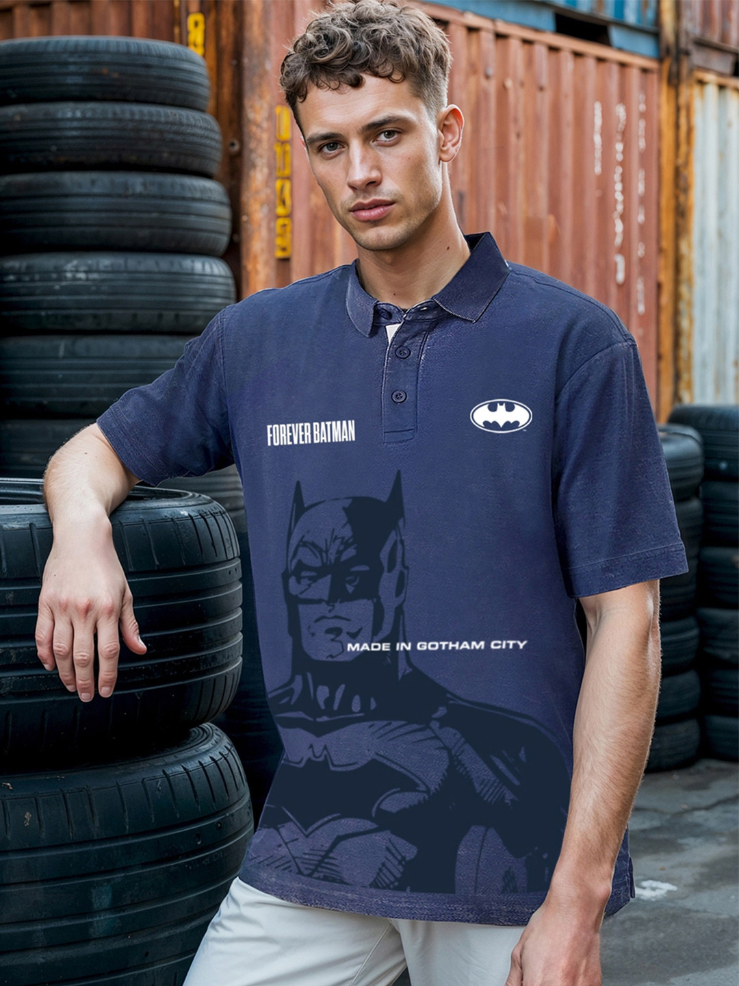 Bewakoof OFFICIAL DC MERCHANDISE Men's Batman Printed Oversized Acid Wash Polo T-shirt