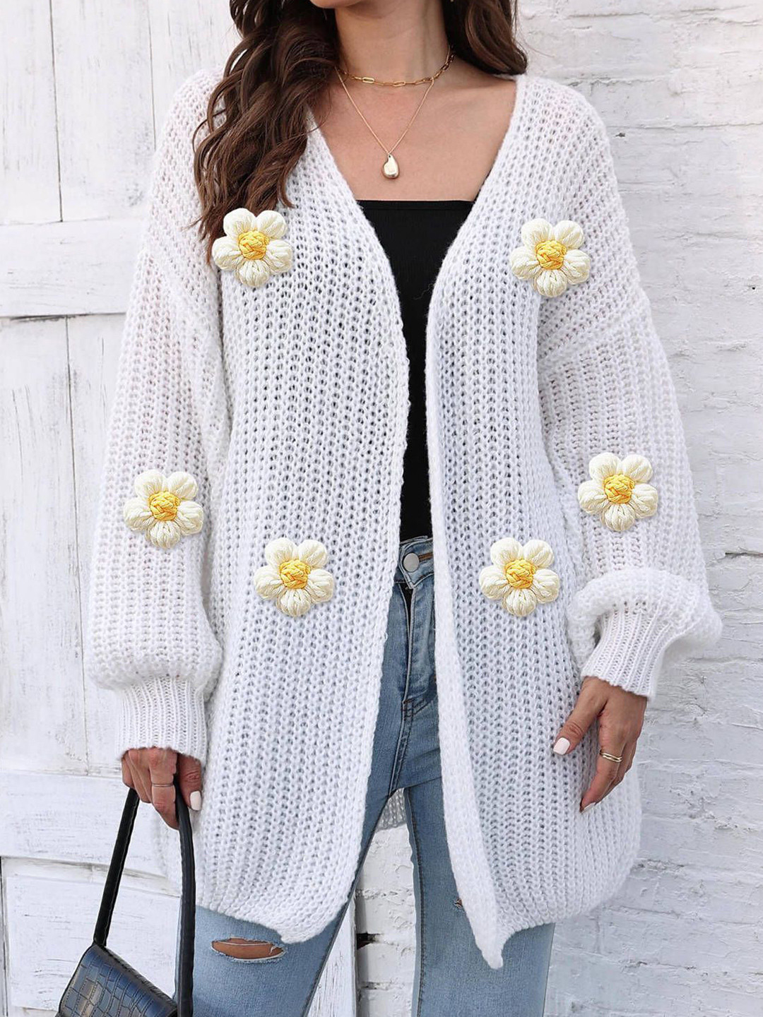 bebe Women White Floral detail Long Sleeves Shrug