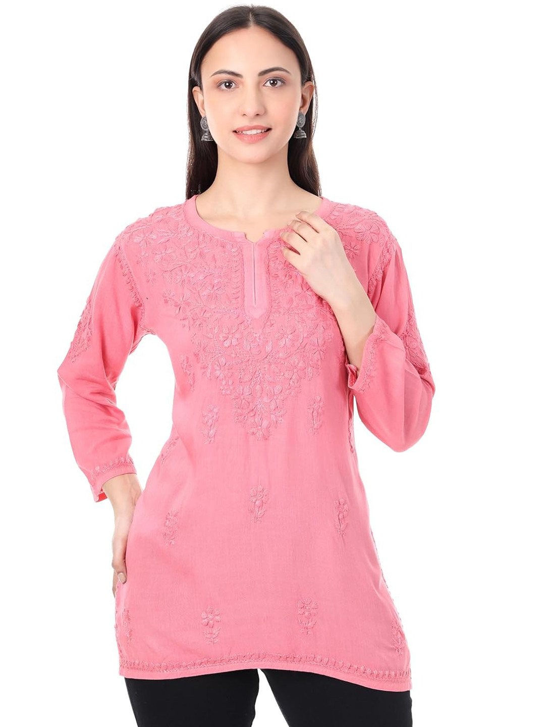 MALABIS Women Pink Dyed Short Rayon Lucknowi Chikankari Short Kurti