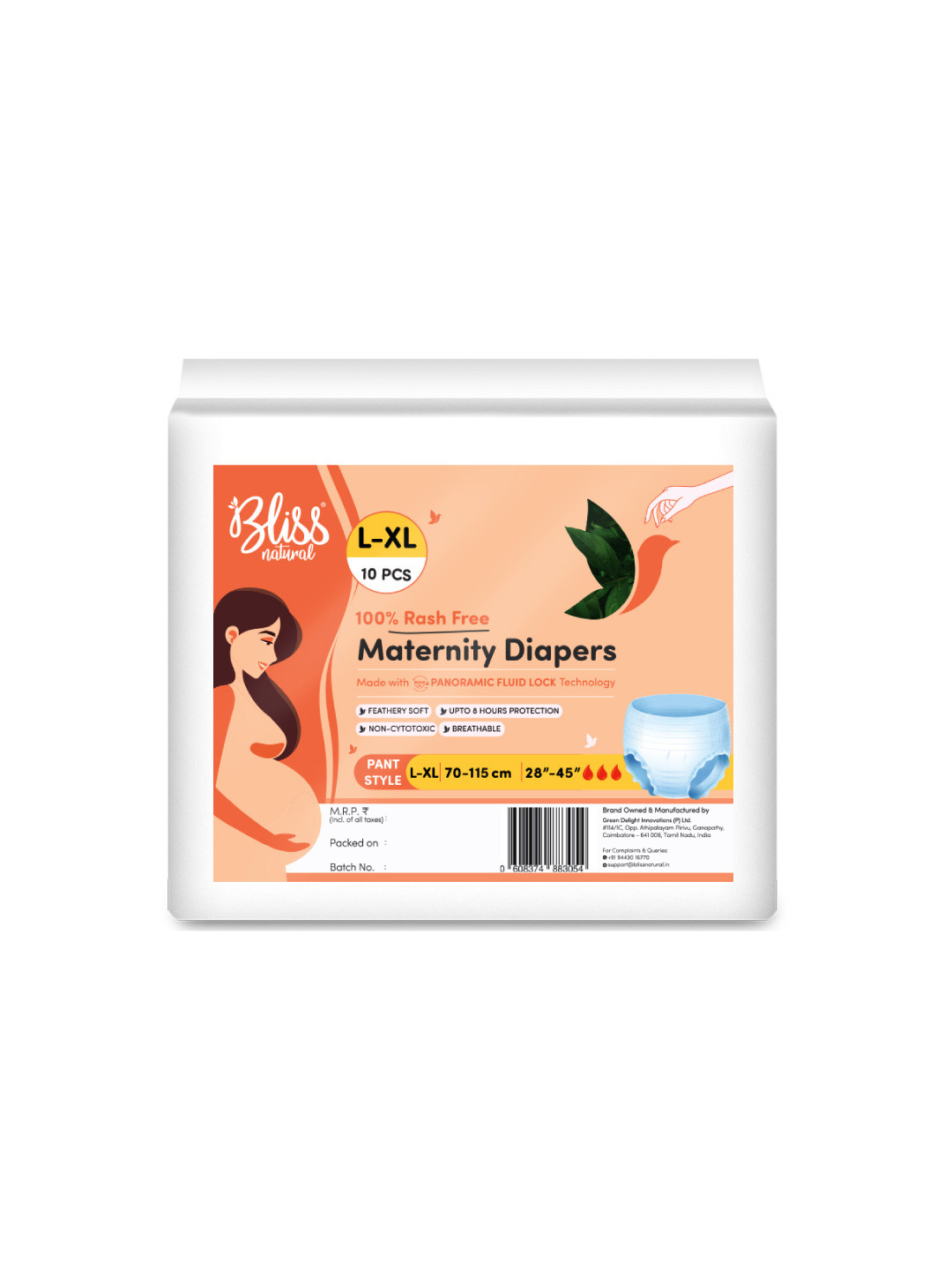 BLISSNATURAL 100% Rash Free Maternity Diapers - L - XL - 10 Pcs
