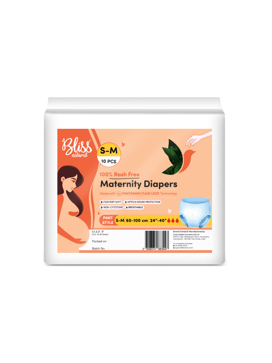 BLISSNATURAL 100% Rash Free Maternity Diapers S-M - 10 Pcs