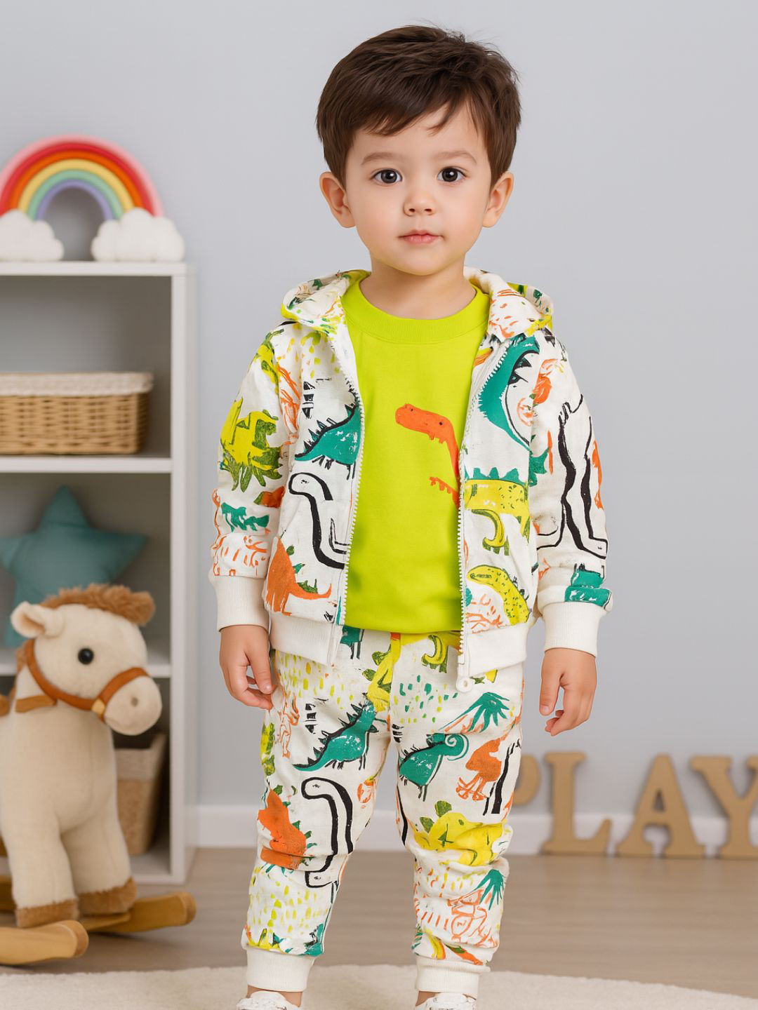 Googo Gaaga Boys Printed Hooded Pure Cotton Sweatshirt With Trouser & Tshirt