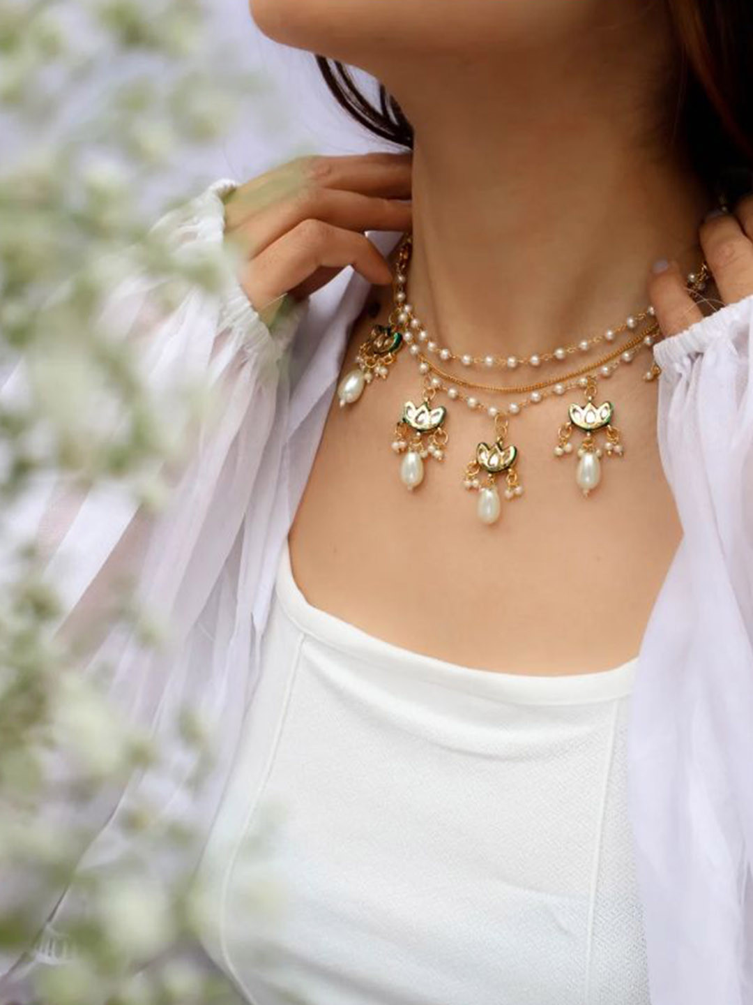 Sanjog Gold-Plated Kundan-Studded & Baroque Pearl drops Beaded Jewellery Set