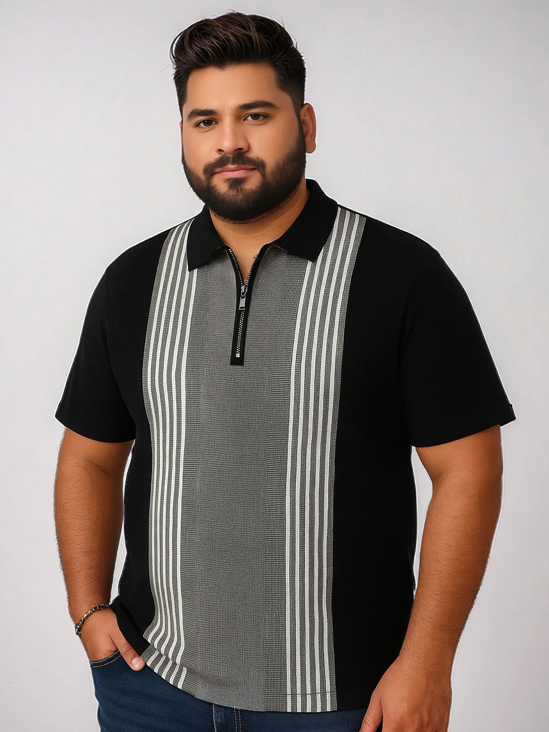 Maniac Men Plus Size Striped Polo Collar Cotton T-shirt