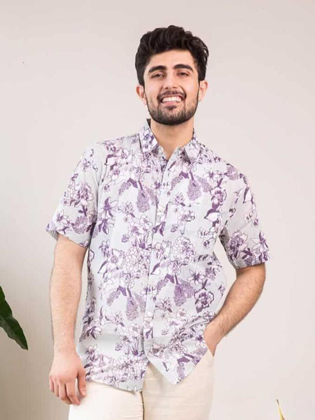 FREEDOM TREE Comfort Floral Printed Spread Collar Cotton Shirt