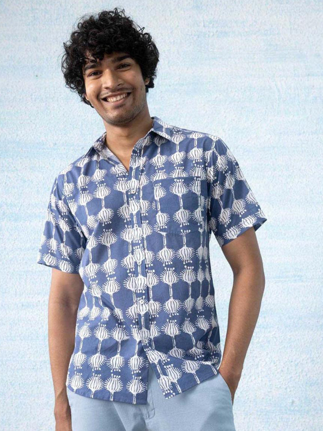 FREEDOM TREE Comfort Floral Printed Spread Collar Cotton Casual Shirt