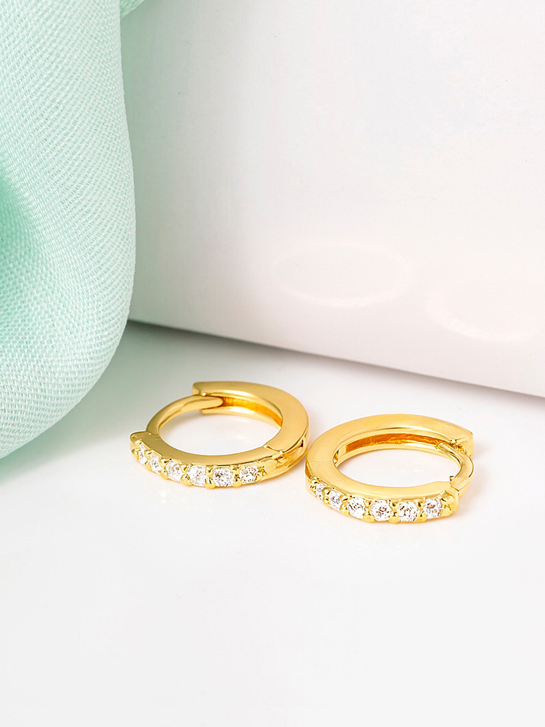 Zavya 925 Pure Silver Gold-Plated Cubic Zirconia Circular Shaped Hoop Earrings