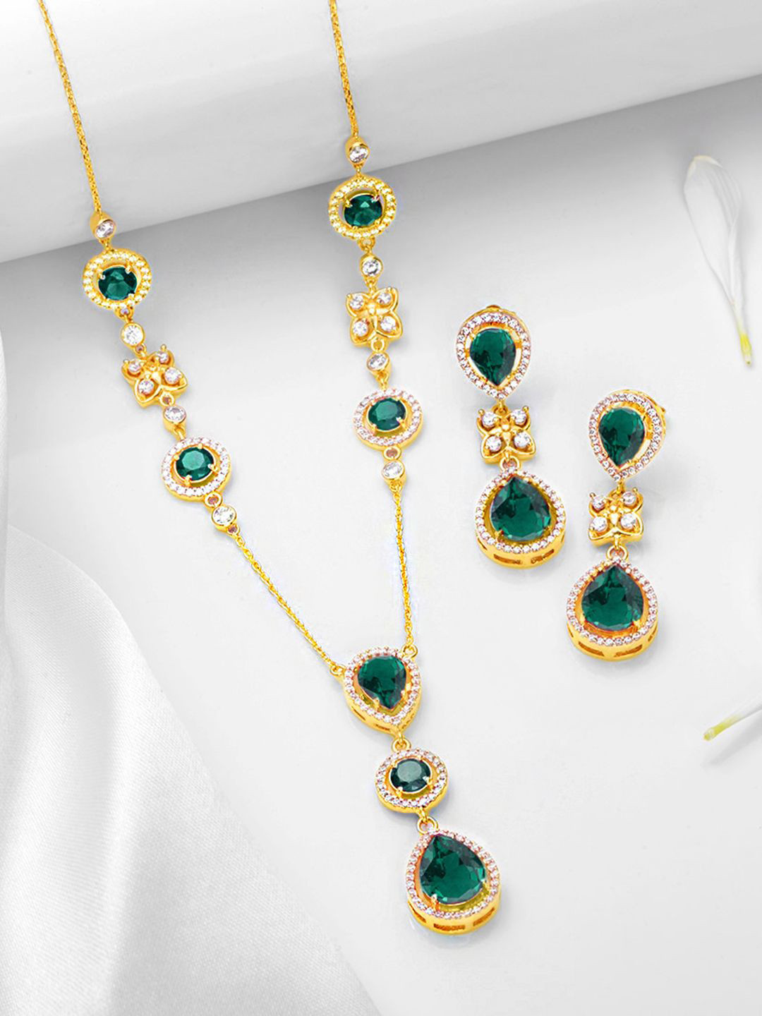 Zavya Enchanted Emerald Bloom Gold-Plated 925 Silver Necklace & Earring Jewellery Set