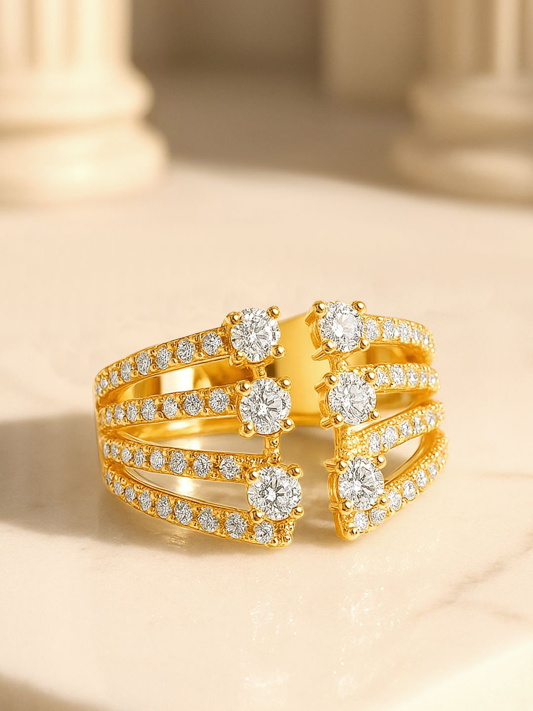 Rubans 18K Gold-Plated Cubic Zirconia Studded Multi-Row Adjustable Statement Ring