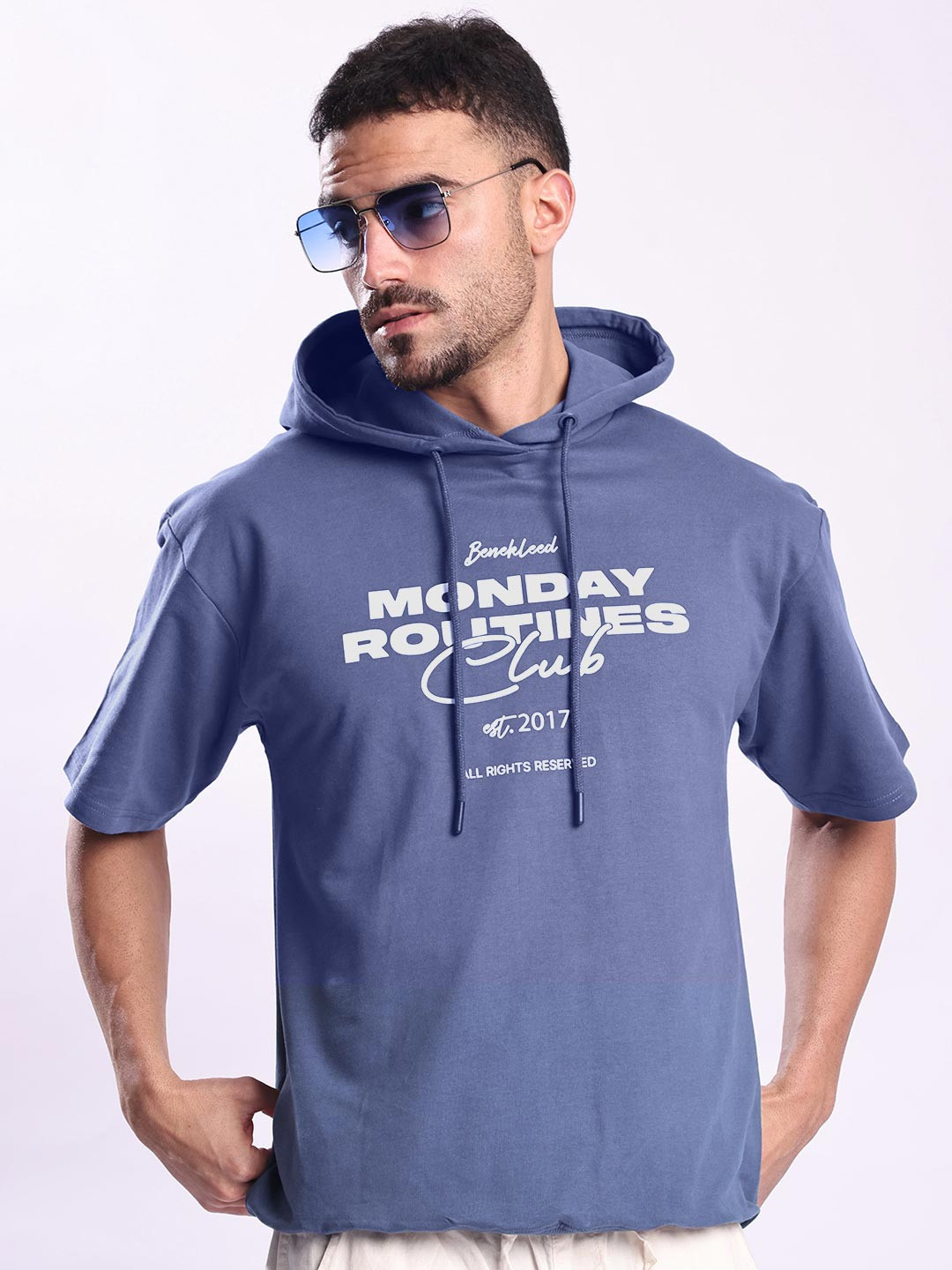 Bene Kleed Men Blue Half Sleeve Relax Fit Printed Hooded Lightweight Sweatshirt