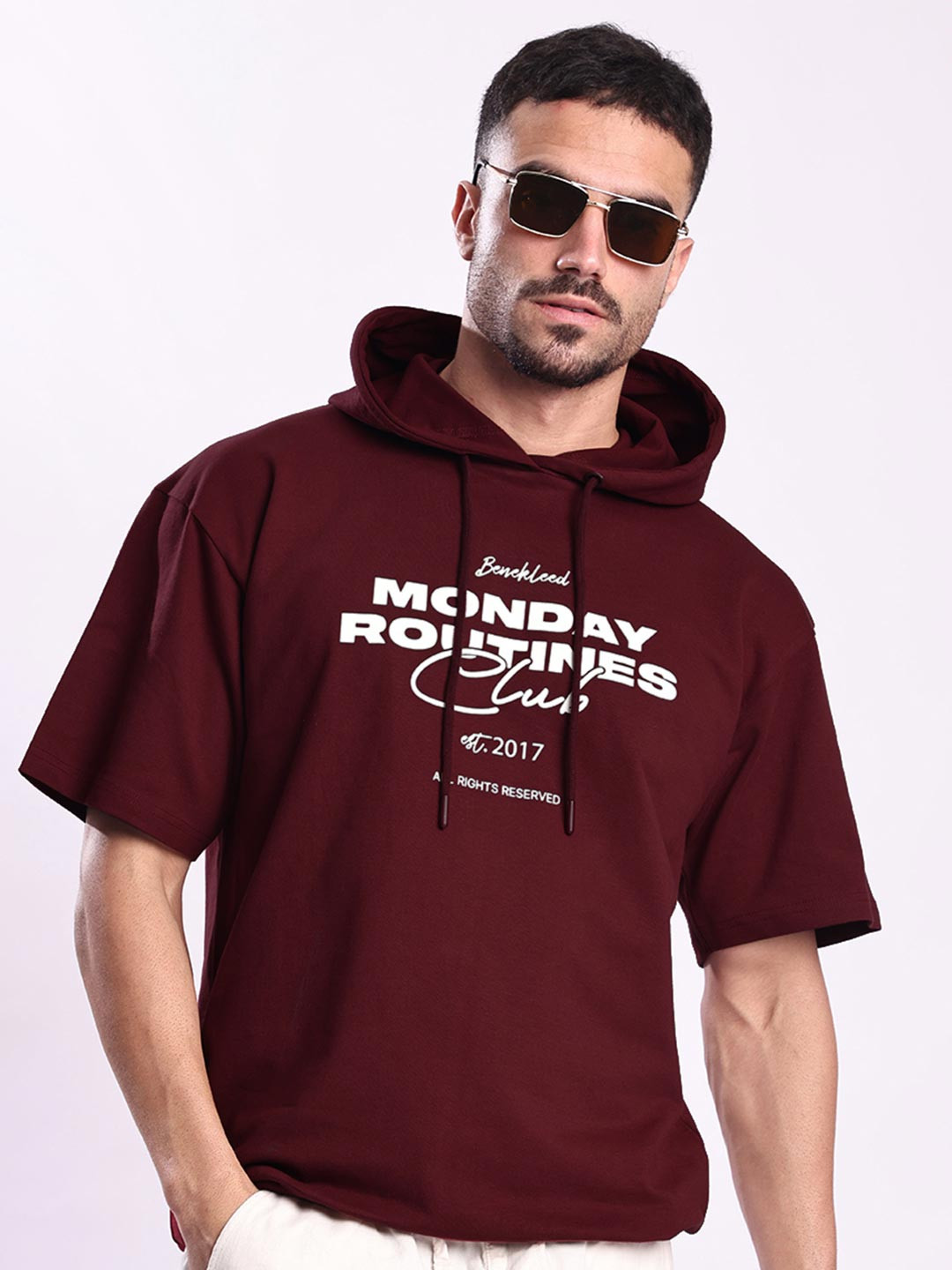Bene Kleed Men Half Sleeve Relax Fit Printed Hooded Lightweight Sweatshirt