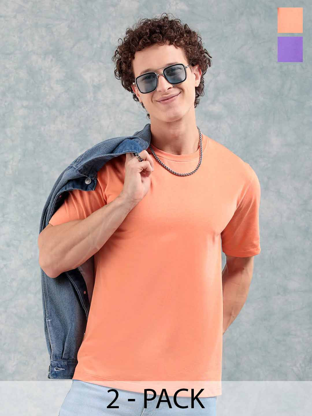 The Indian Garage Co Men Pack Of 2 Solid Orange & Purple T-shirts