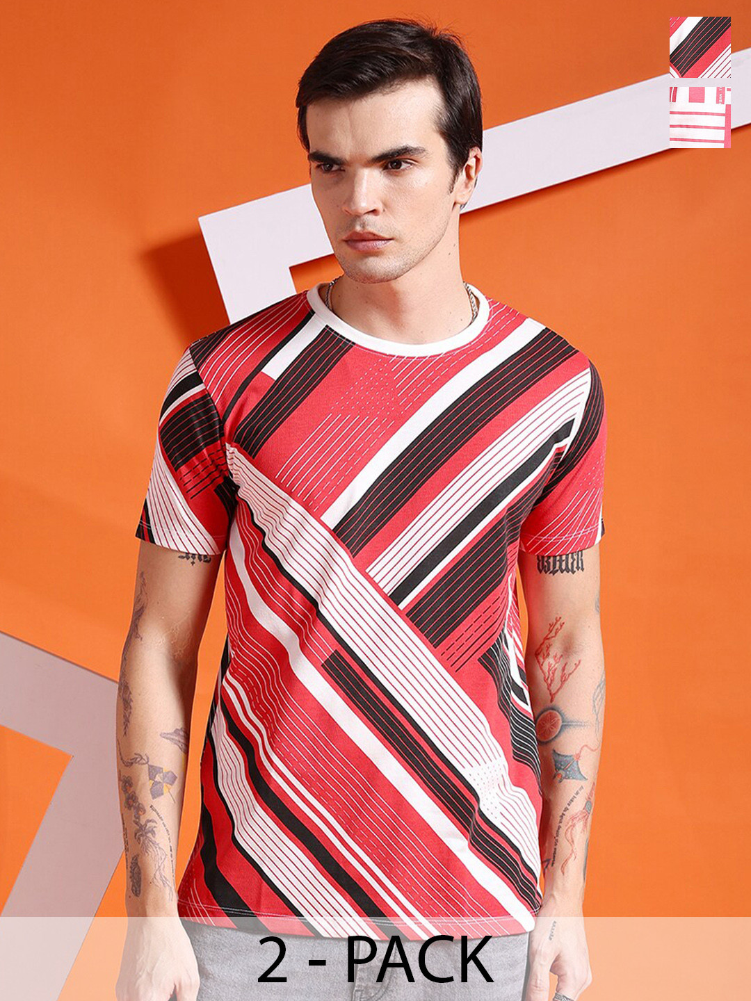 The Indian Garage Co Men Pack Of 2 Striped Casual T-shirts