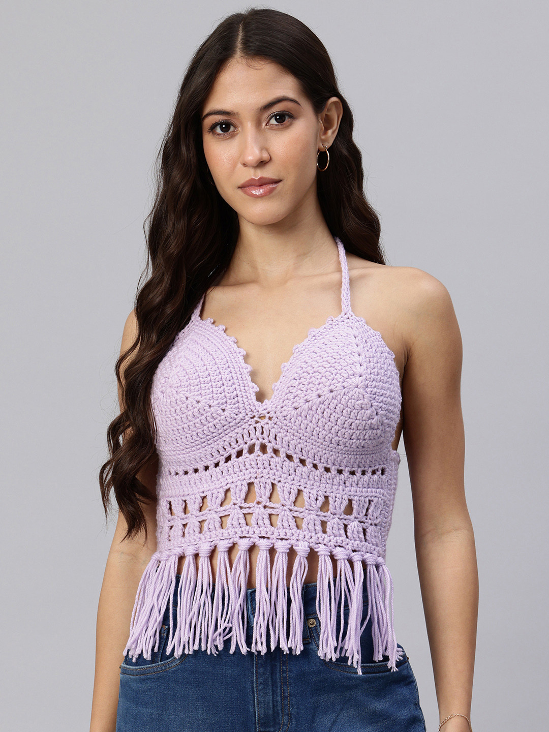 Magic Needles Tie-Up Neck Fringed Crochet Bralette Crop Top