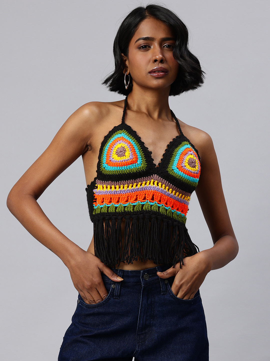 Magic Needles Tie-Up Neck Fringed Crochet Bralette Crop Top