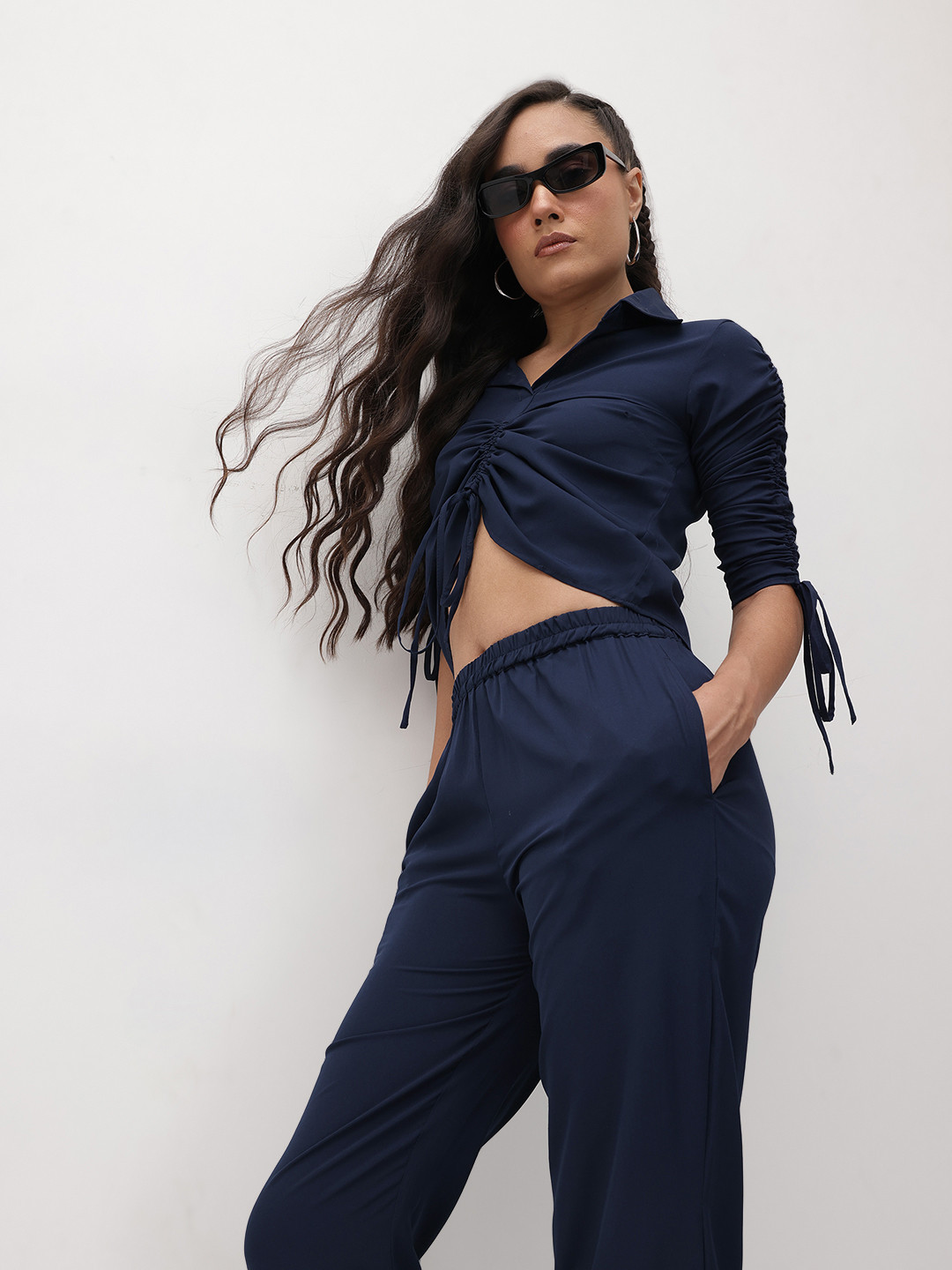 R.Code by The Roadster Life Co. Ruched Front Collared Co-ord Set with Drawstring Sleeves