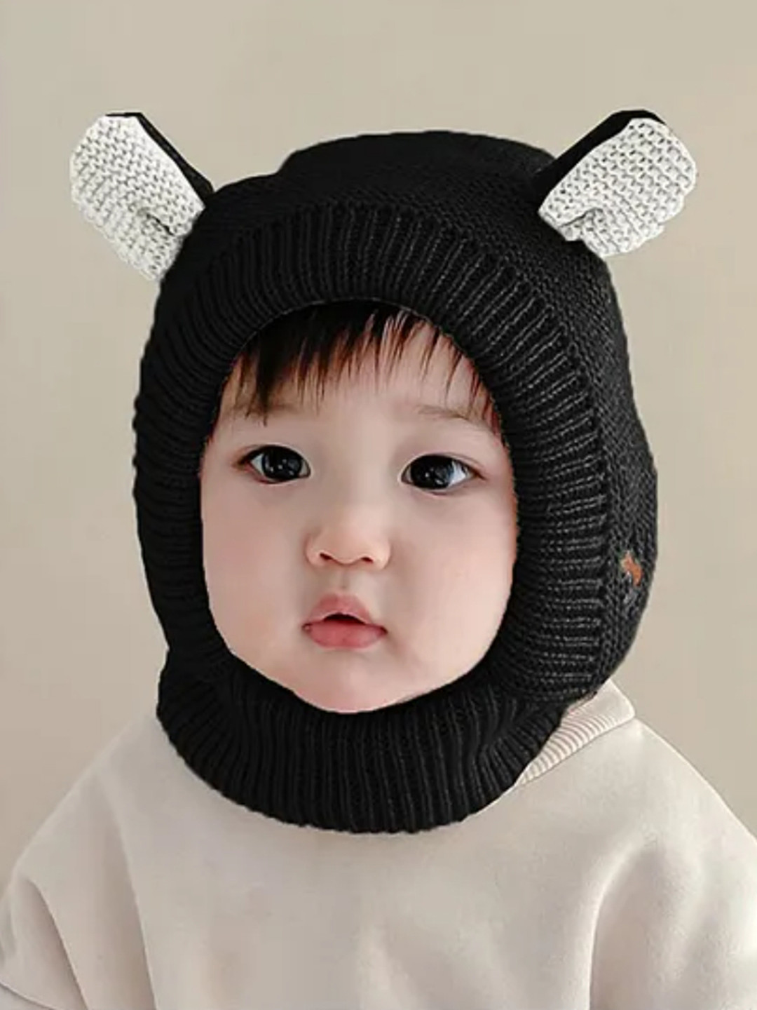 Ziory Kids Black Woollen Animal Designed Knitted Beanie Cap