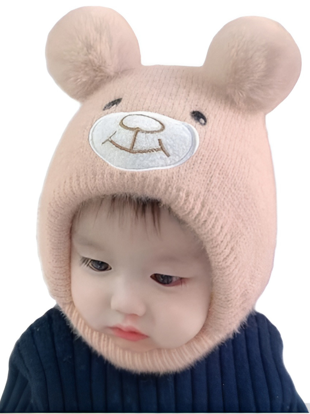 Ziory Girls Woolen Bear Designed Ear Protection Knitted Cap - Baby Pink