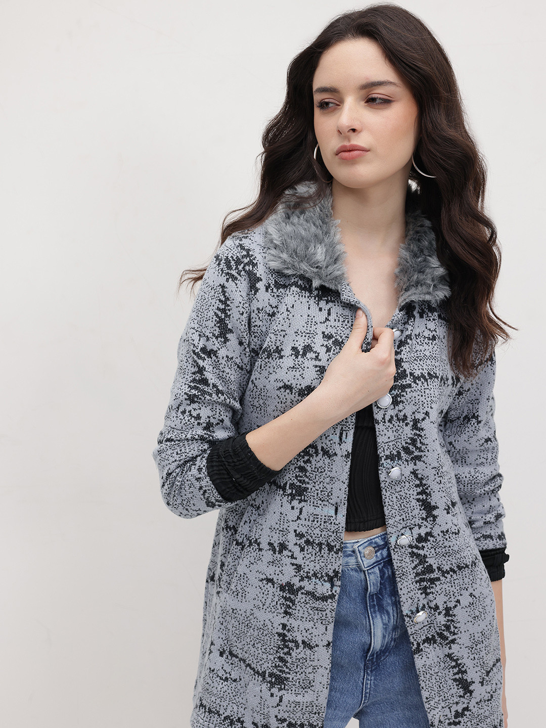 The Roadster Life Co Self Design Abstract Woollen Longline Cardigan