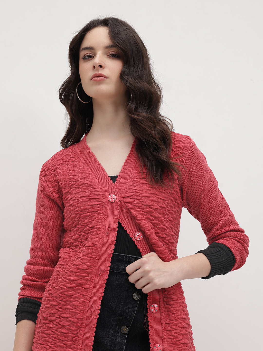 The Roadster Life Co Self Design Geometric Pattern Woollen Cardigan