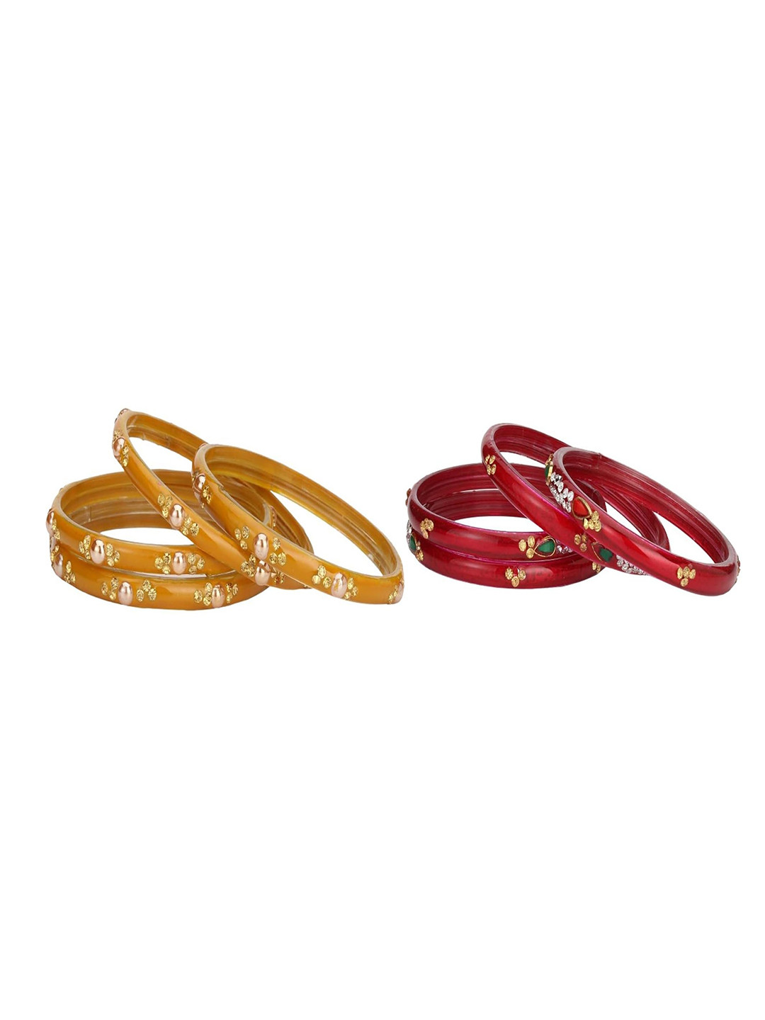 1ST TIME Set Of 8 Yellow& Red Glass Artificial Stones & Beads Antique Bangles