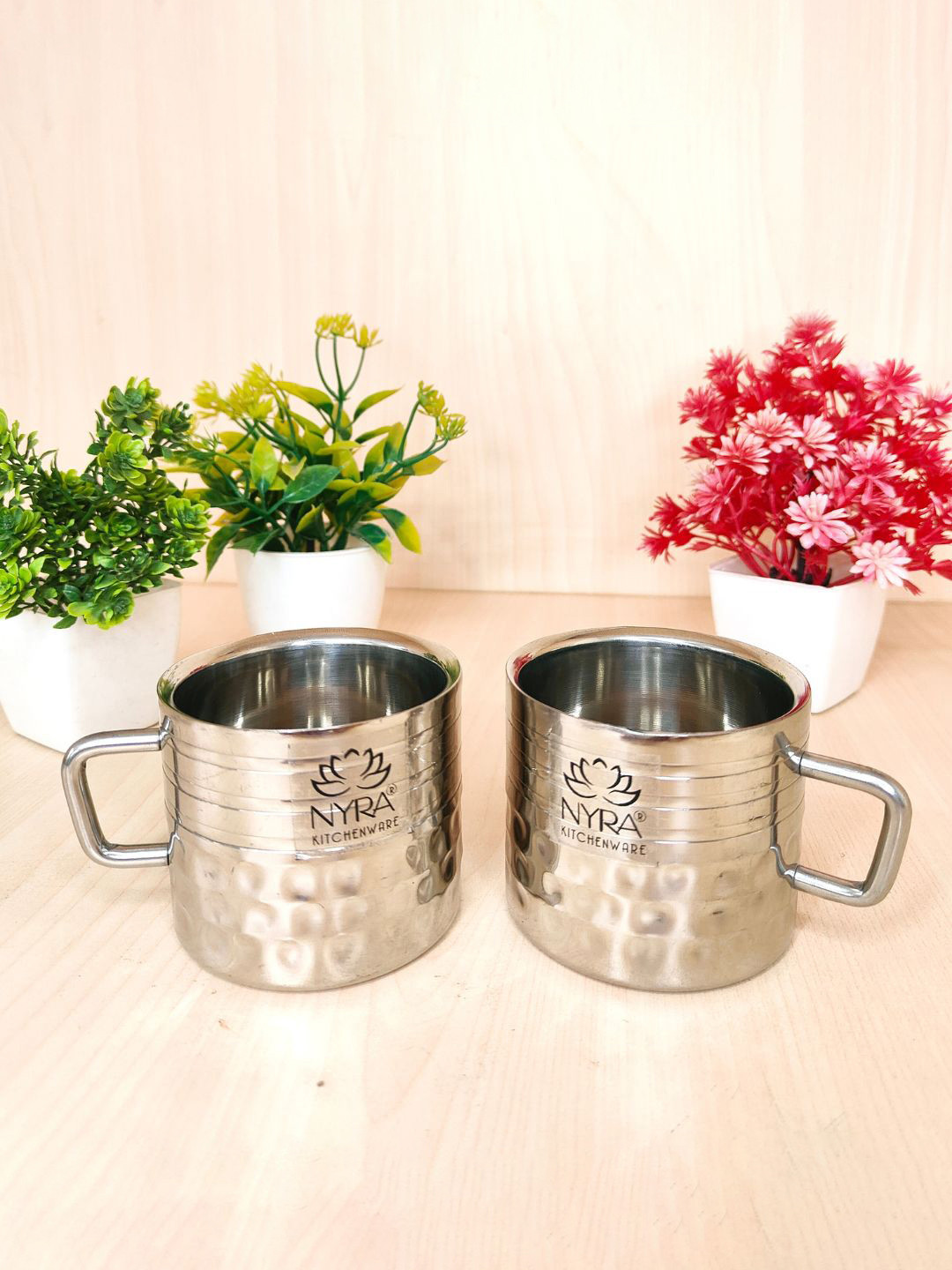 Nyra Kitchenware Silver Toned 2 Pieces Textured Cups With Handles-120ml Each