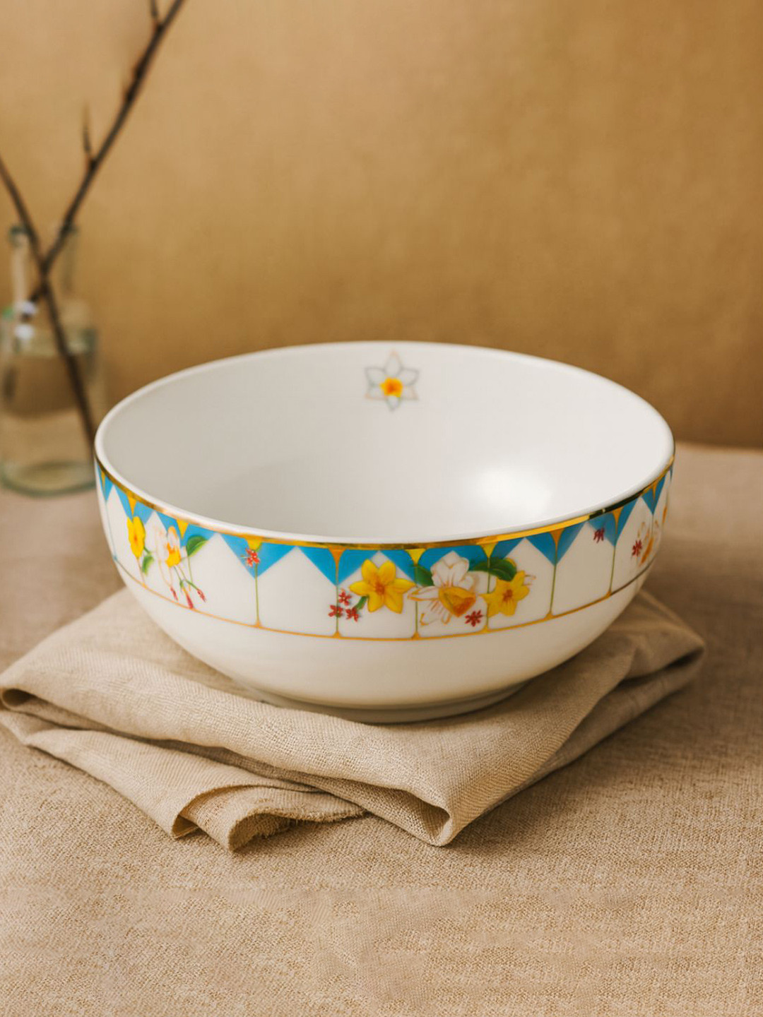 SHAY Unisex Nargis Ceramic Serving Bowl 21cm|Glossy Floral Ceramic Finish