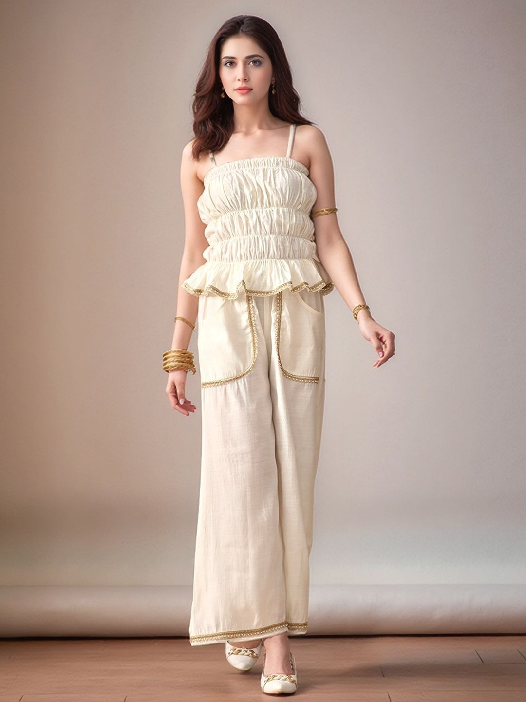 Sangria Women Embellished Shoulder Straps Tube Top with Trouser Co-Ords