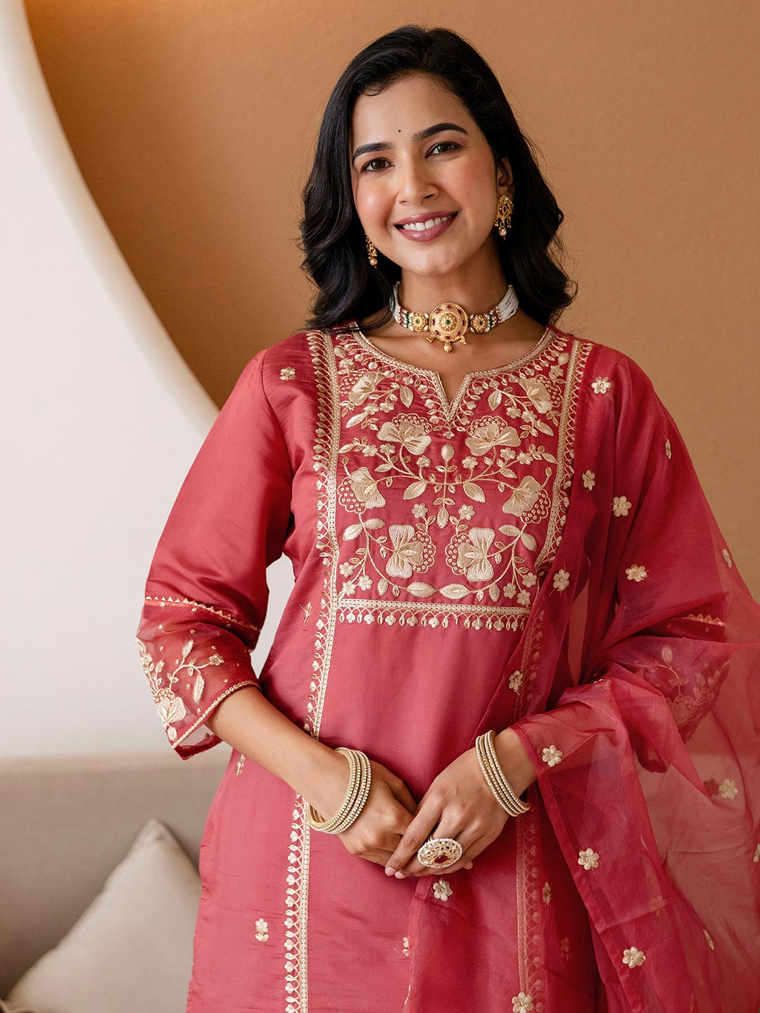 SANISA Embroidery Work Coral Red Silk Straight Kurta set for Women With Dupatta
