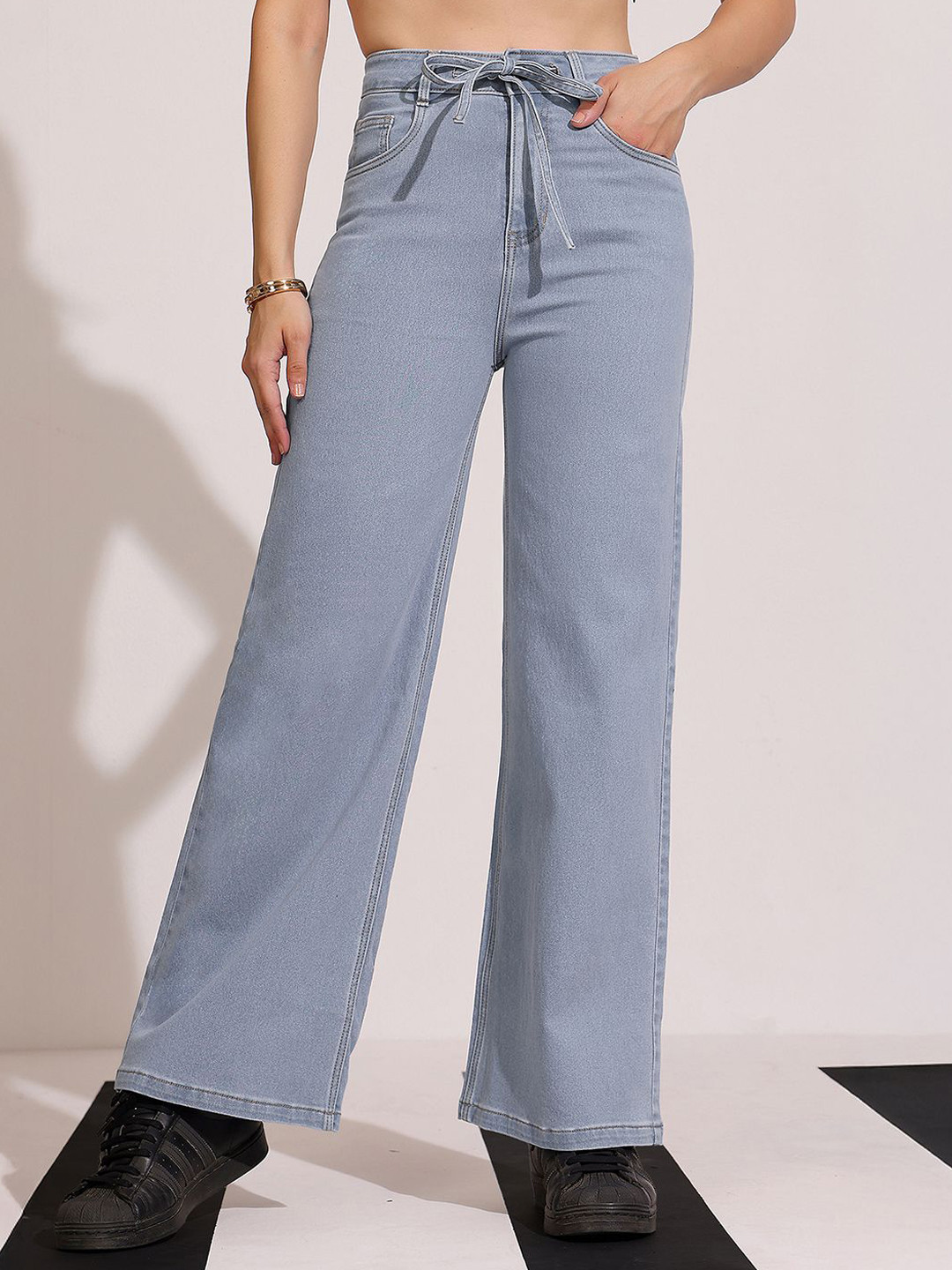 Women's High-Rise Wide Leg Stretch Denim Jeans with Tie-Up Waist
