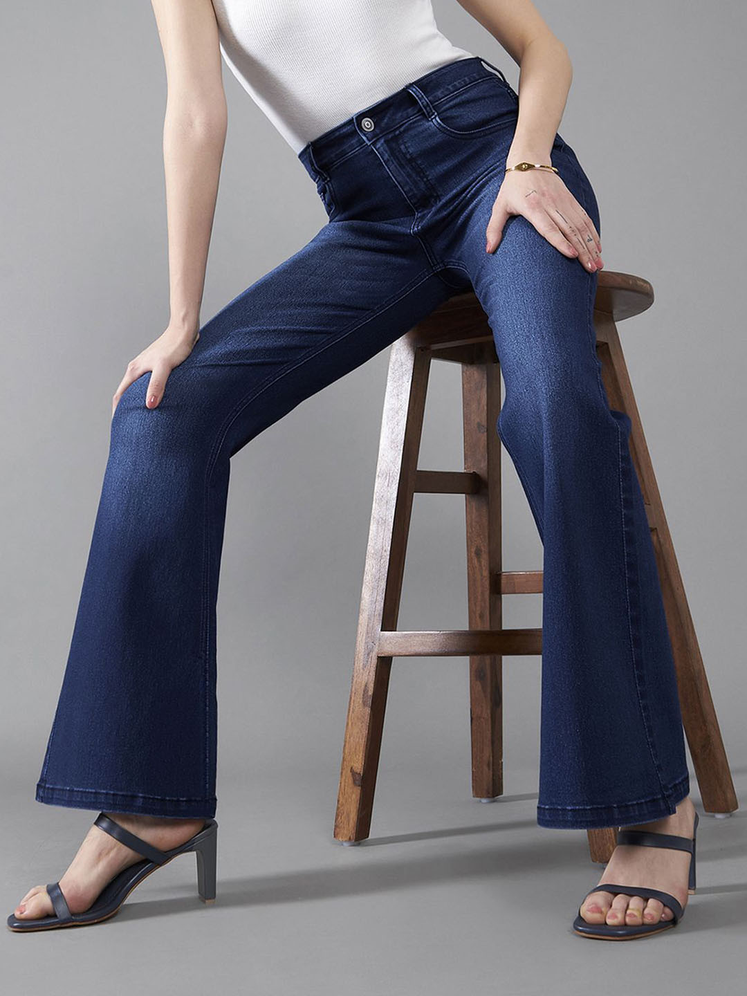 Women's High-Rise Clean-Look Regular-Length Stretchable Flared Denim Jeans
