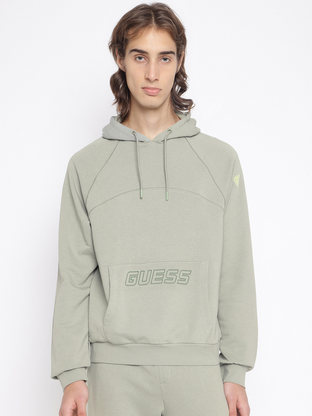 GUESS Men's Green Solid Hooded Neck Long Sleeves Sweatshirt