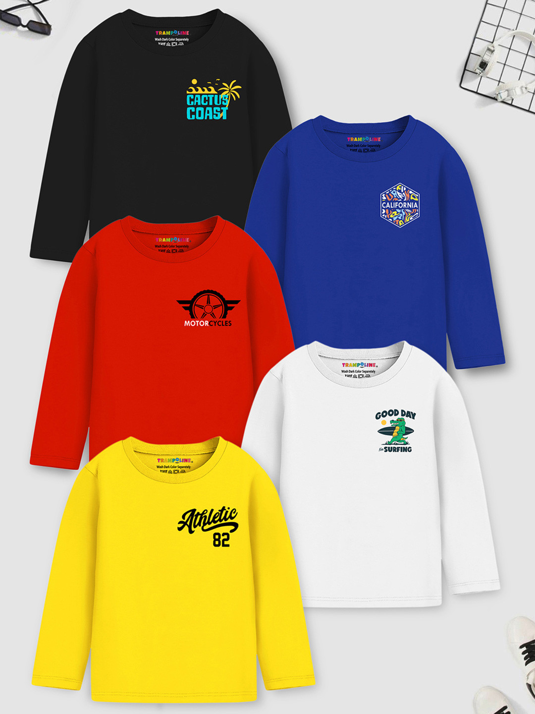 YK X Trampoline Boys Pack Of 5 Typography Printed Cotton Round Neck T-shirts