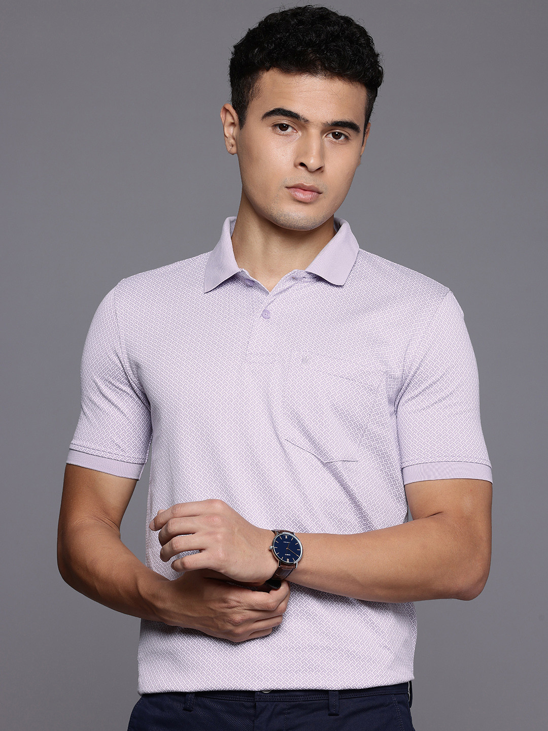 Louis Philippe Geometric Self Designed Polo Collar T-shirt