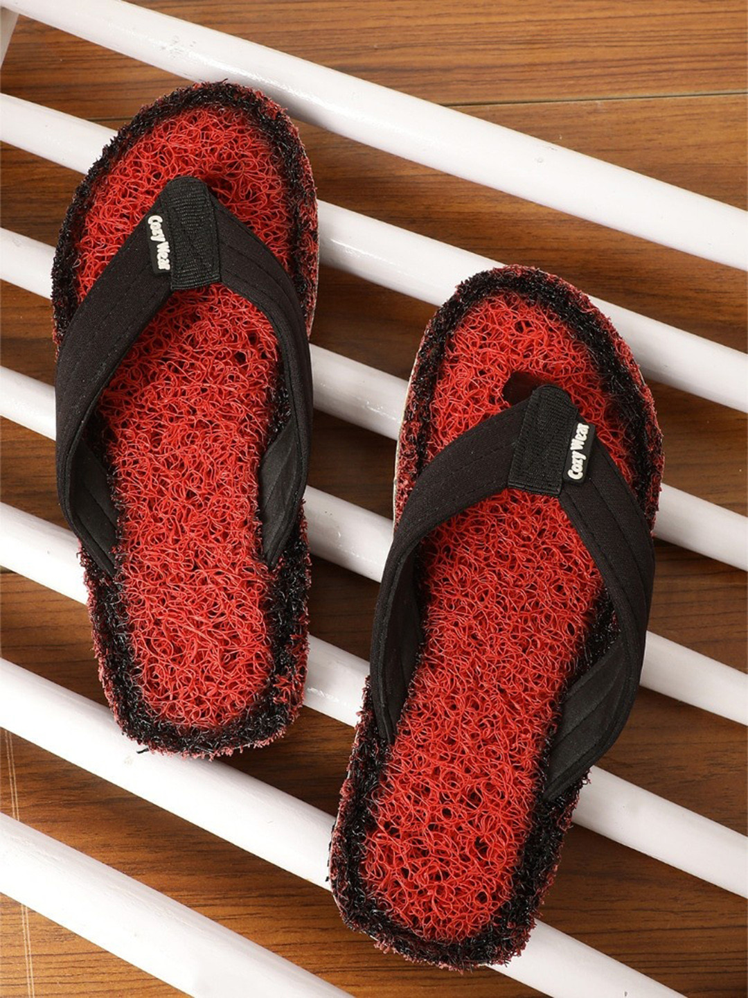 Cozy Wear Men Red & Black Textured Synthetic One Toe Slip-On Flip Flops
