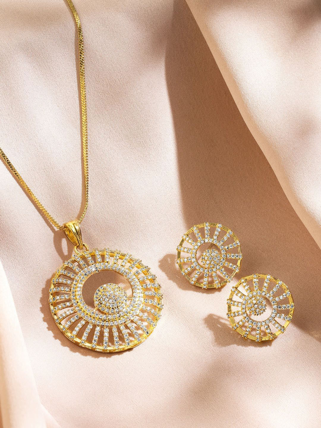 Rubans 18K Gold-Plated Cubic Zirconia Studded Radiant Circle Design Pendant Necklace Set