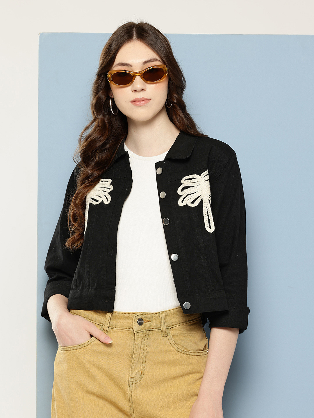 Aarika Women Crop Denim Jacket with Appique