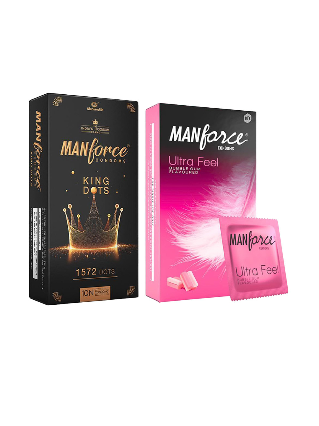 Manforce Set Of 2 King Dots & Ultra Feel Condoms- 10 Condoms Each- Bubble Gum