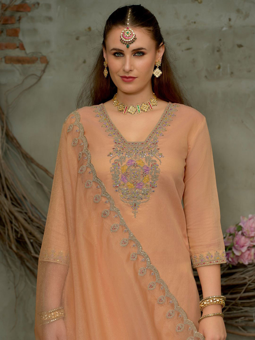 Indo Era Women Floral Embroidered Regular Sequinned Kurta With Trousers & Dupatta
