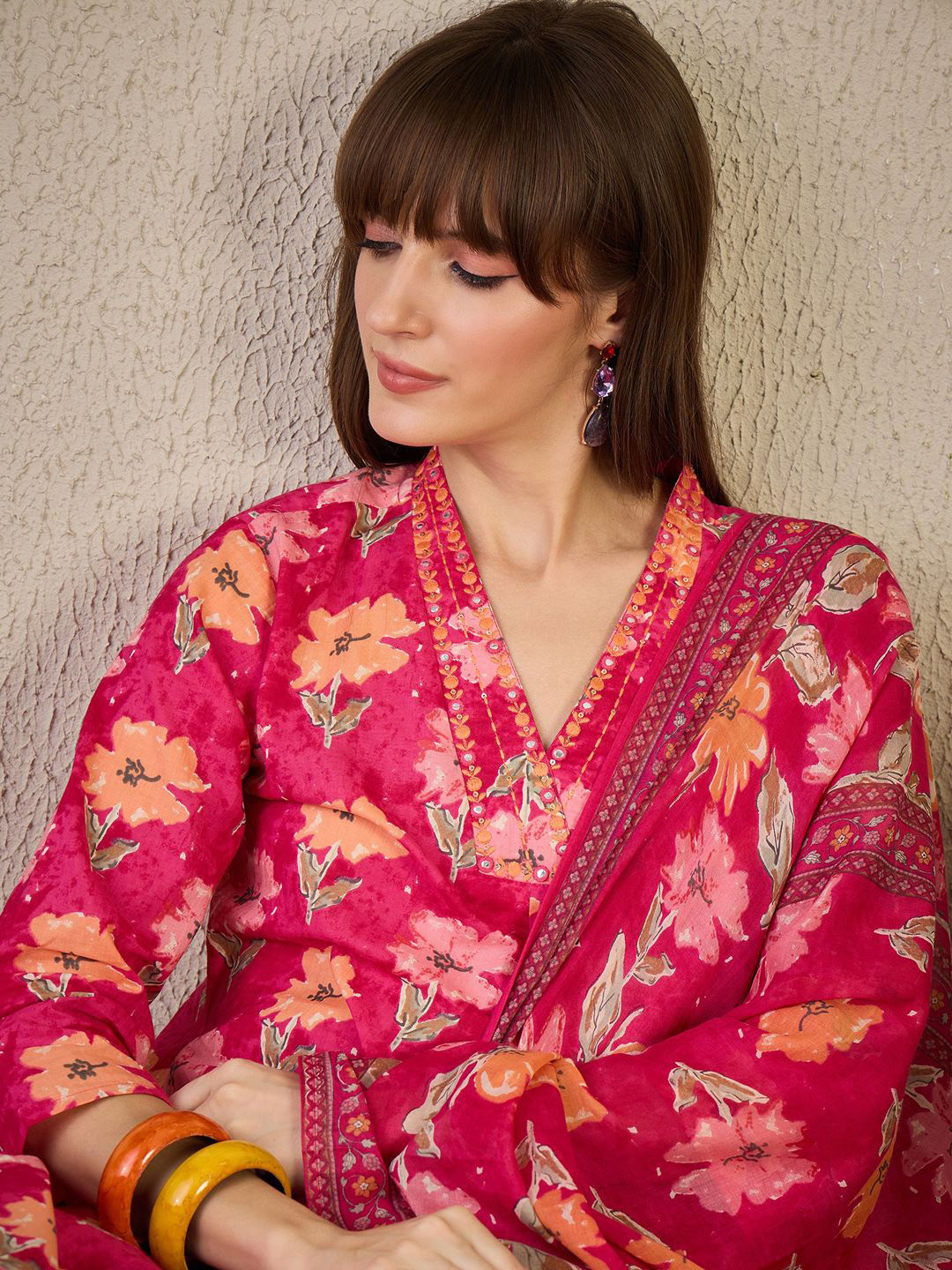 Indo Era Floral Printed Pleated Mirror Work Pure Cotton Kurta with Trousers & Dupatta