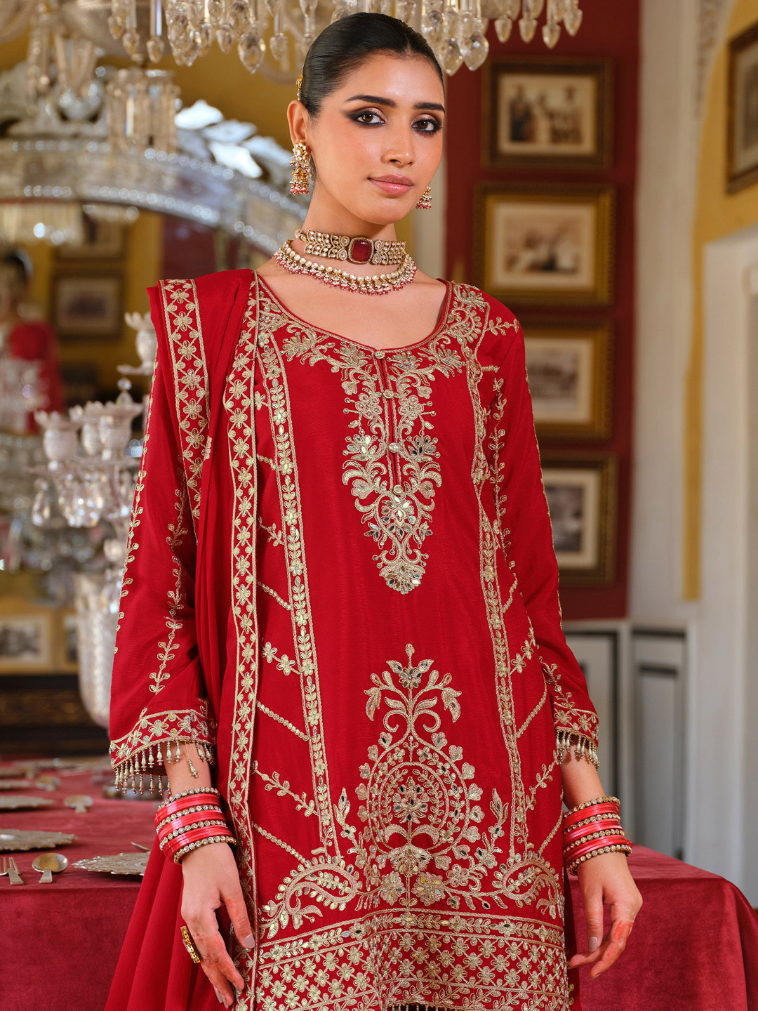 Indo Era Adults-Women Woven Design Embroidered Kurta with Palazzos & Dupatta
