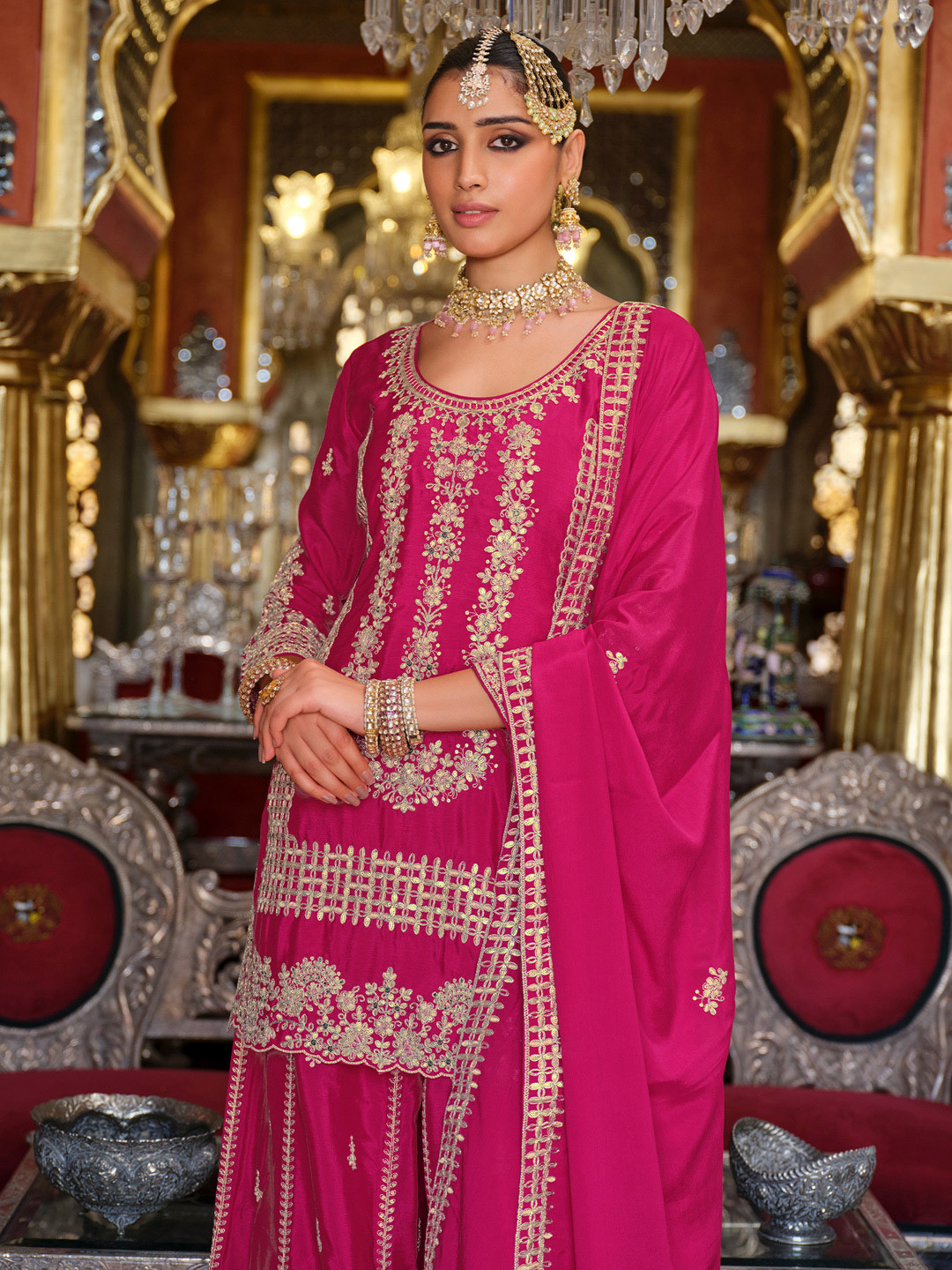 Indo Era Adults-Women Woven Design Embroidered Kurta with Palazzos & Dupatta