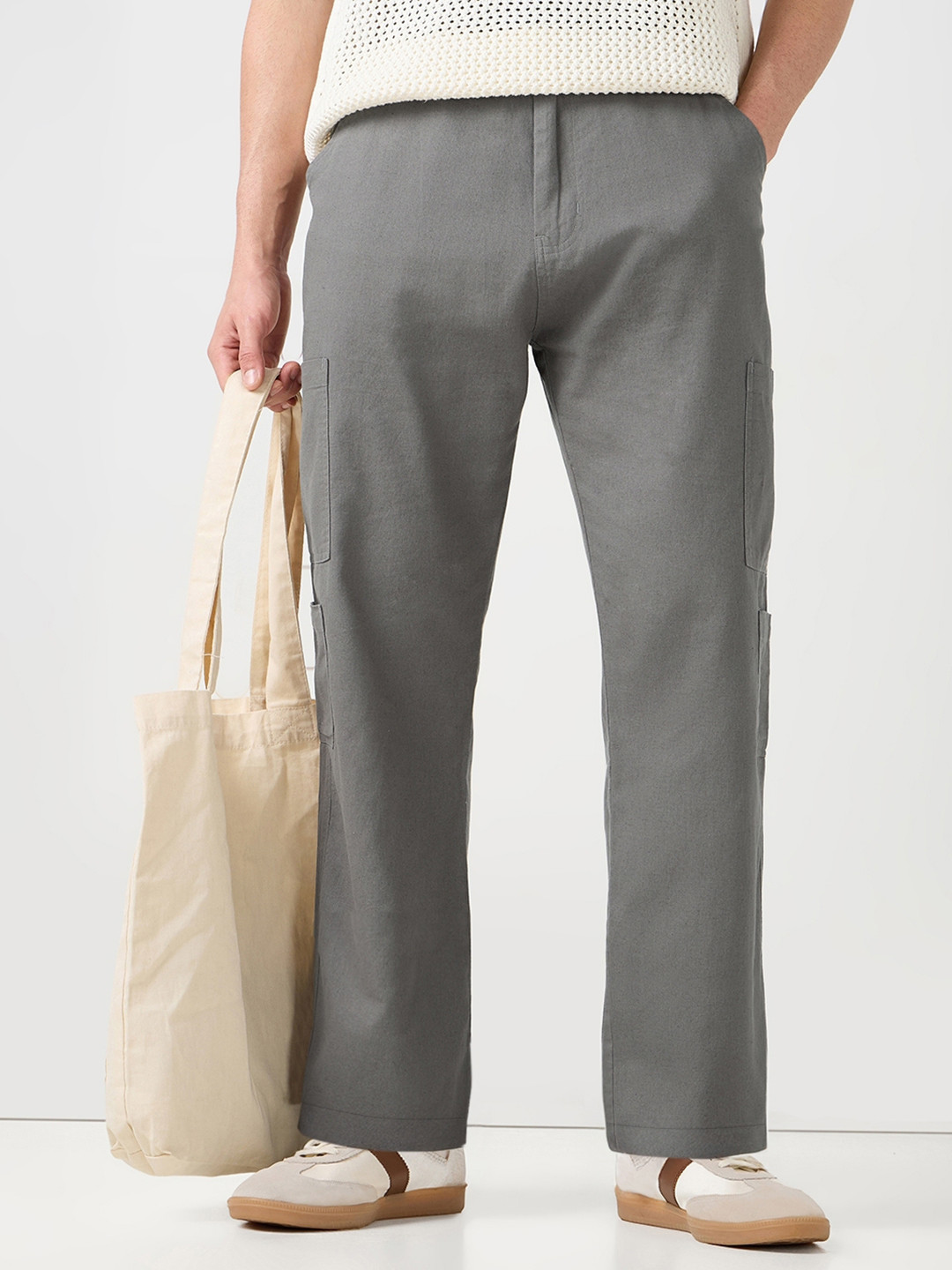 Bewakoof Men's Grey Cargo Cotton Linen Pants