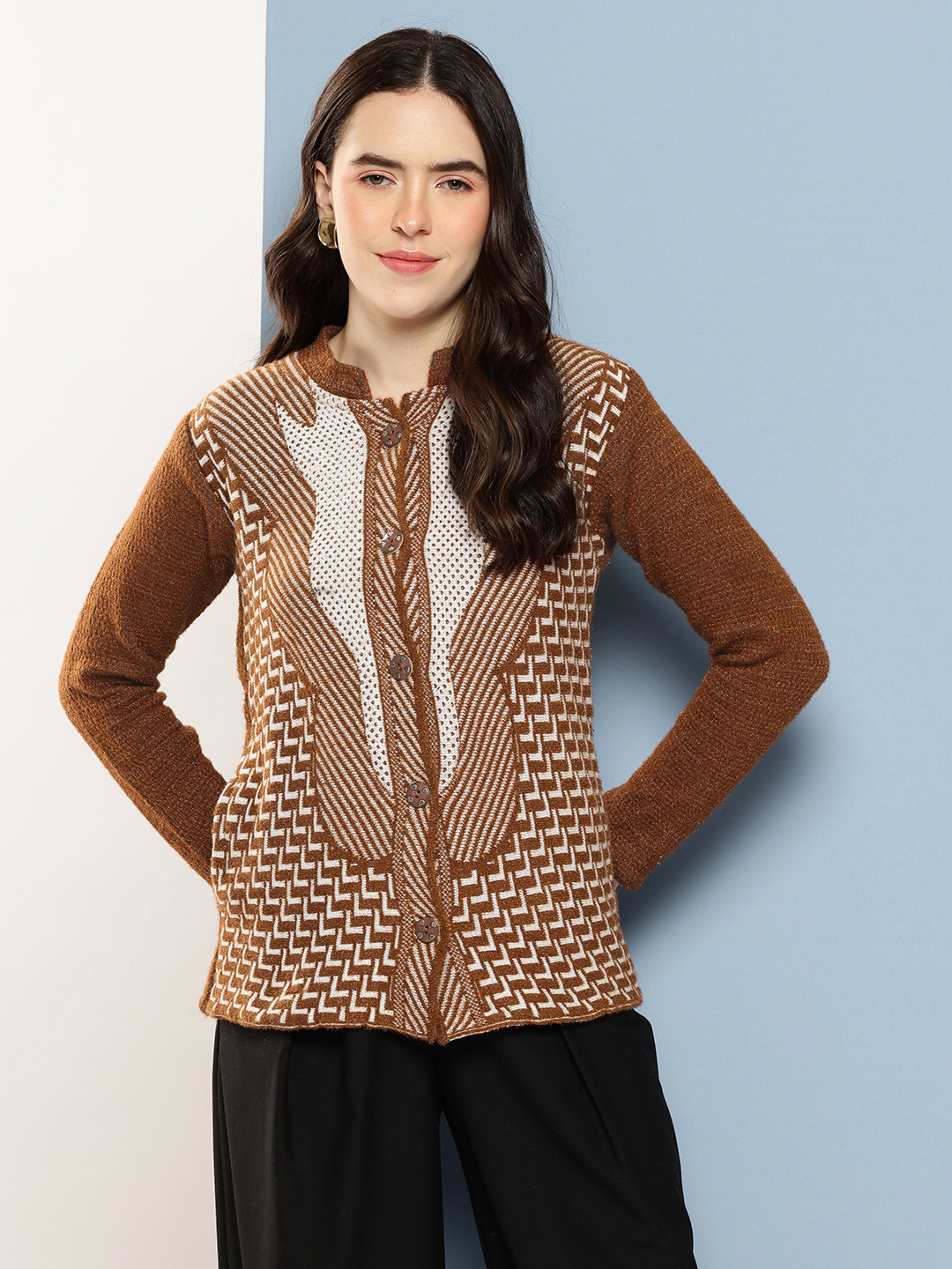 Aarika Geometric Self Design Woollen Cardigan