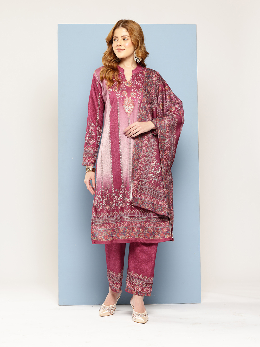 Aarika Floral Printed Beads and Stones Pure Wool Kurta with Trousers & With Dupatta