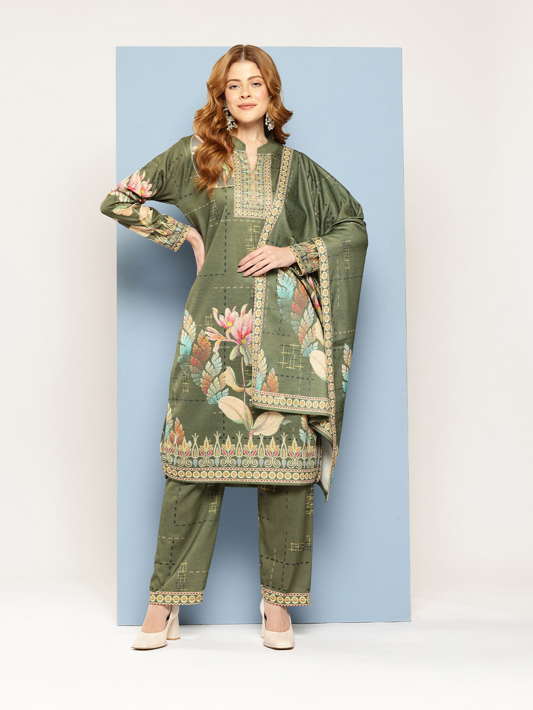 Aarika Floral Printed Beads and Stones Pure Wool Kurta with Trousers & With Dupatta